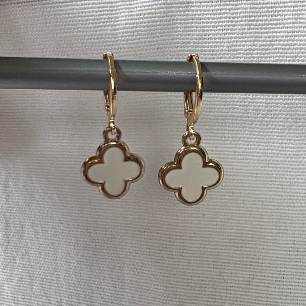 Gold and White Clover Dangle Earrings